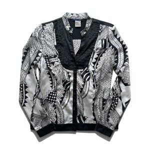 Blue Time Womens Black White Graphic Print Satin Button Up Blouse Small B3121